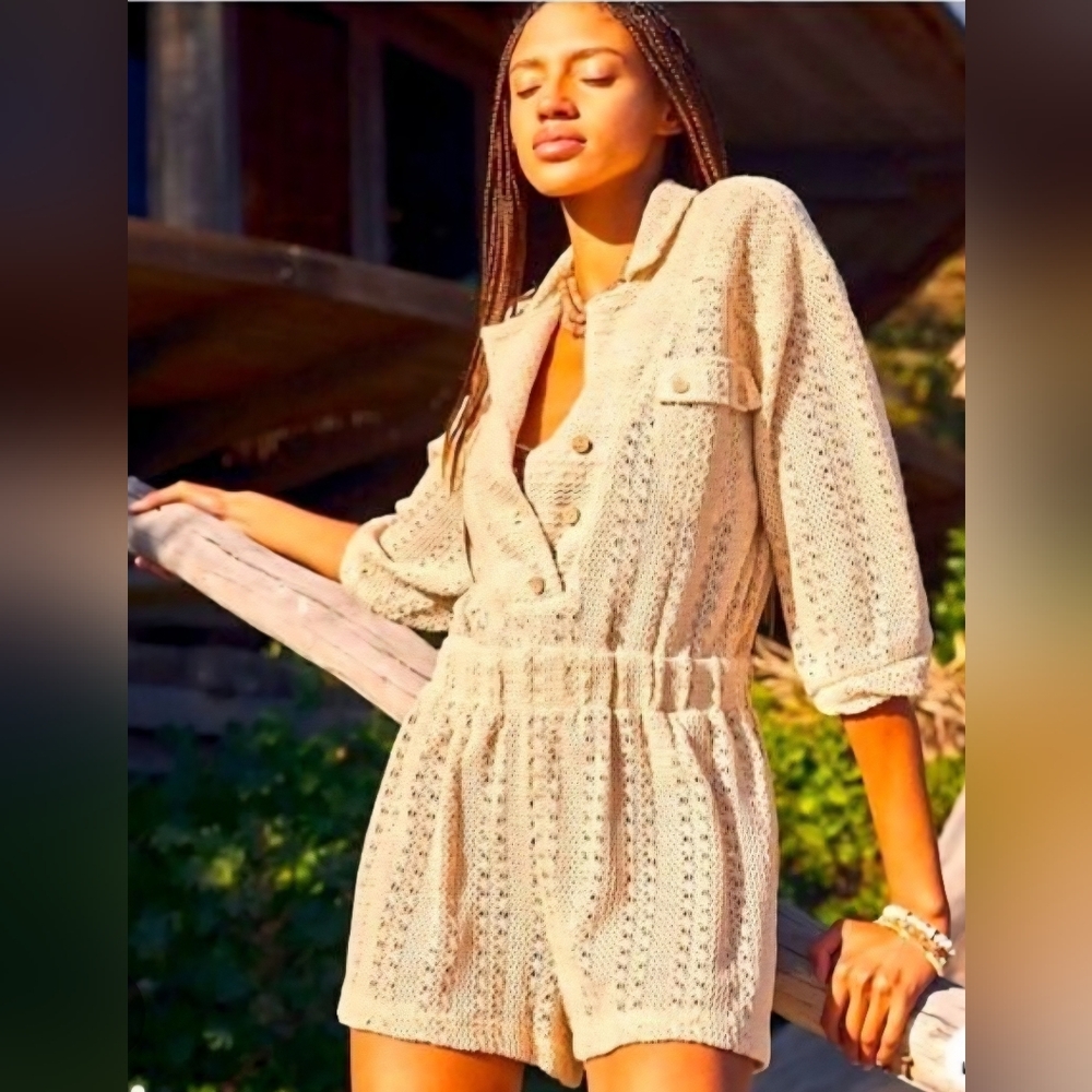Free People Beach khaki, sand Romper‎ Boho Granola, Large, Indie, beachy, light